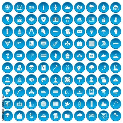100 natural disasters icons set in blue circle isolated on white vector illustration