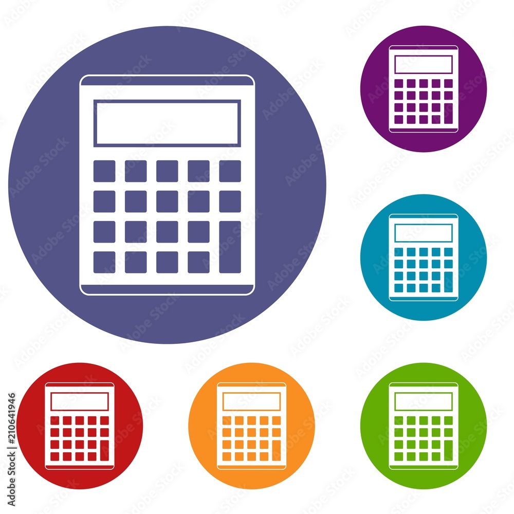 Office, school electronic calculator icons set in flat circle red, blue and green color for web Office, school electronic calculator icons set in flat circle red, blue and green color for web