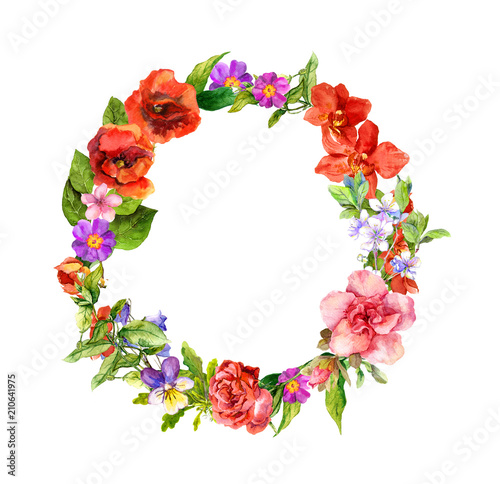 Floral wreath with meadow flowers, wild summer grass. Watercolor round border