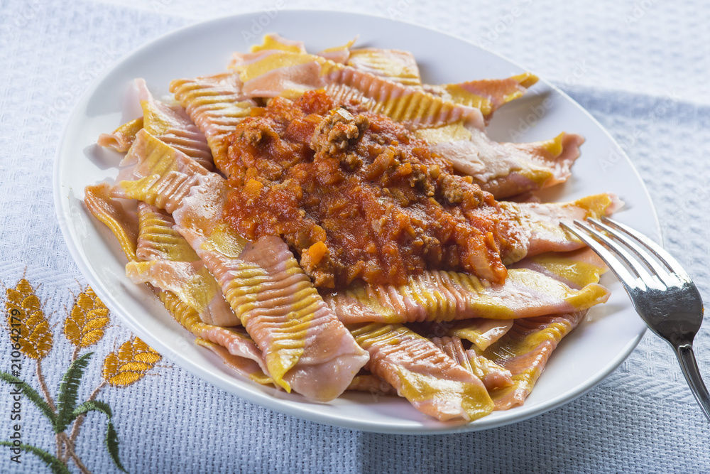 Pasta italiana para la comida, garganelli a la boloñesa Pasta italiana para la comida, garganelli a la boloñesa