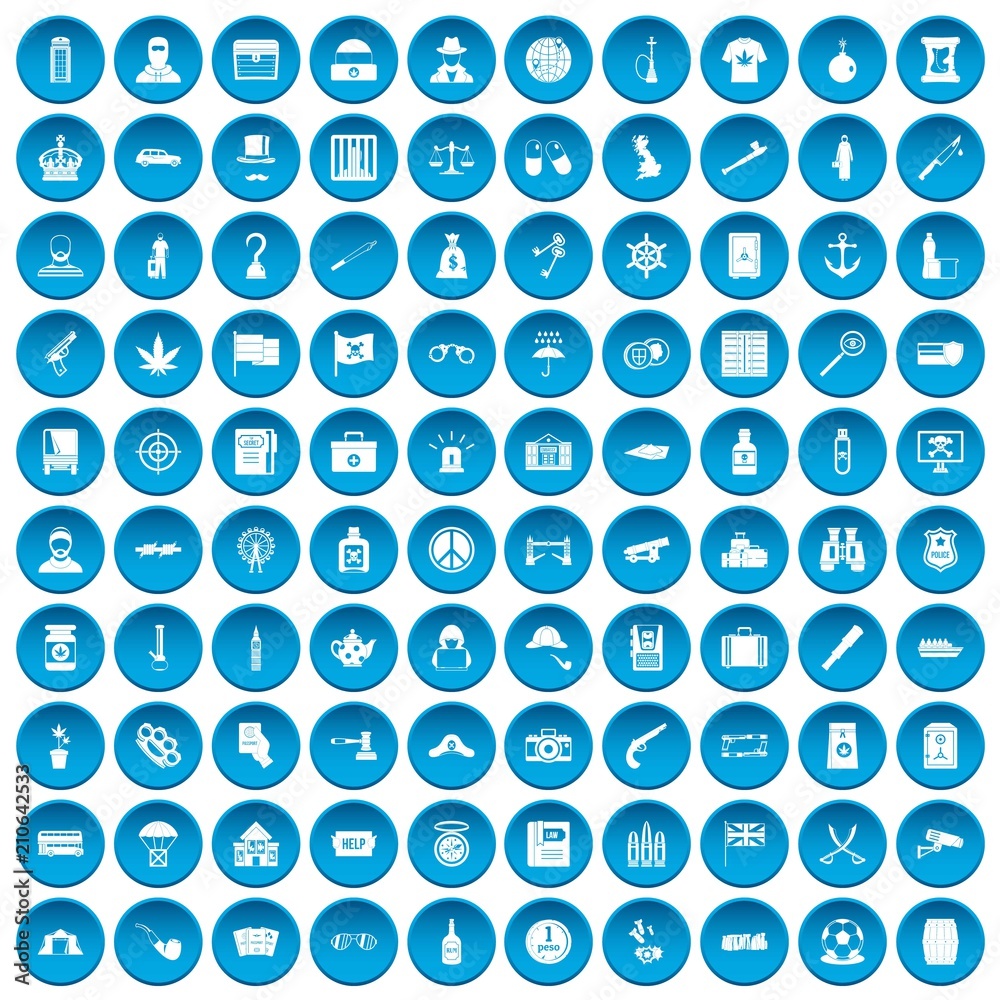 100 offence icons set in blue circle isolated on white vector illustration