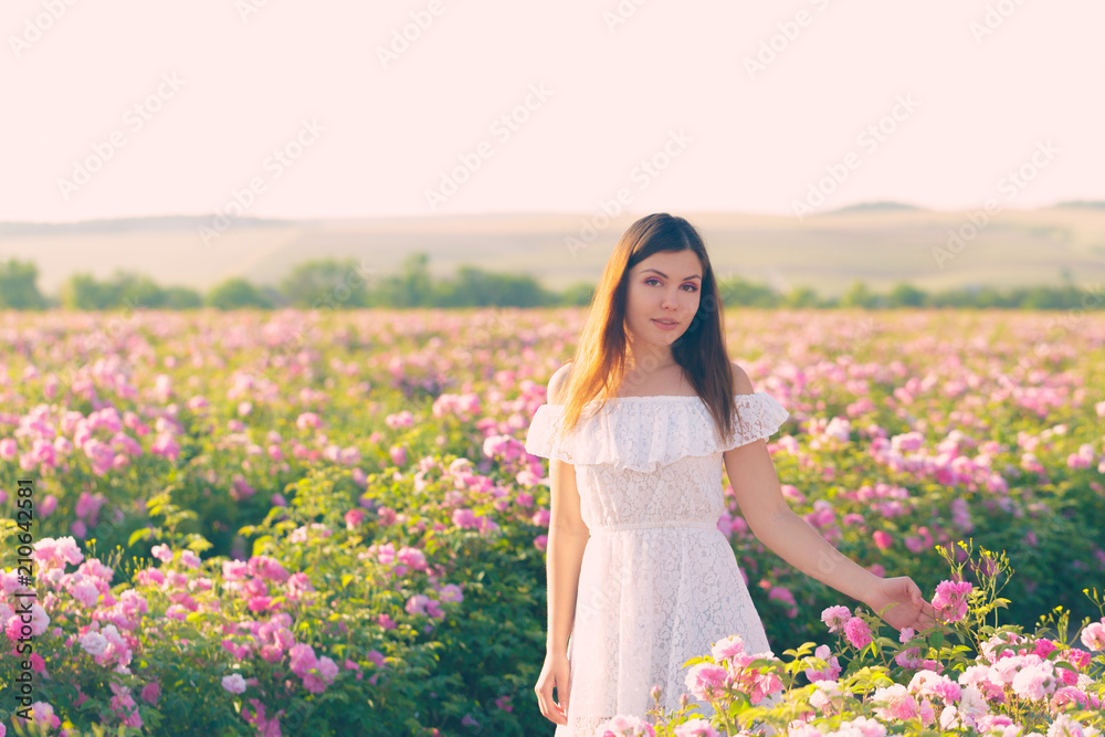 Beautiful young woman posing near roses in a garden. Beautiful young woman posing near roses in a garden.