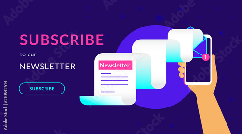 Subscribe to our weekly newsletter flat vector neon illustration for ui ux web design with text and button. Human hand holds smartphone with newsletter flying out the screen on violet background