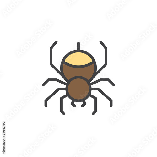 Spider filled outline icon, line vector sign, linear colorful pictogram isolated on white. Hanging spider on spiderweb symbol, logo illustration. Pixel perfect vector graphics