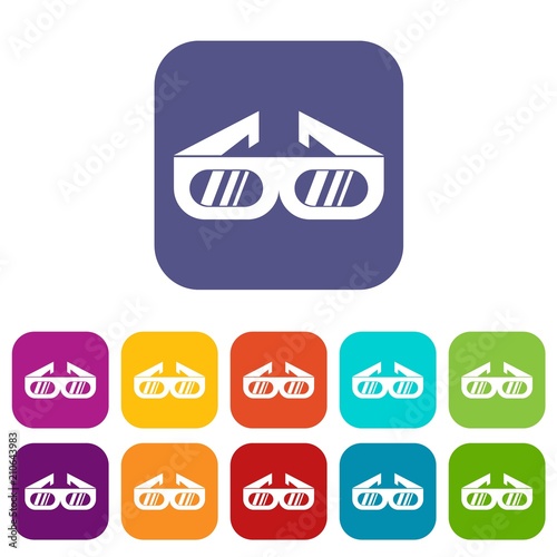 Glasses for 3D movie icons set vector illustration in flat style in colors red, blue, green, and other