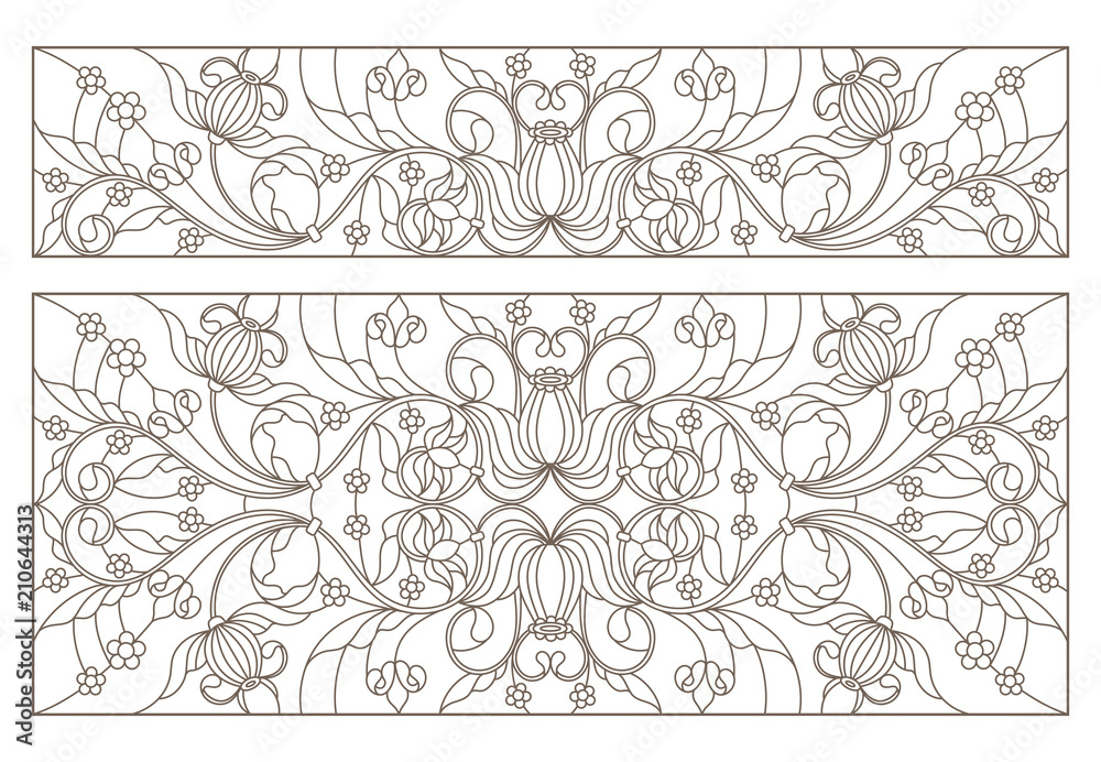 Set contour illustrations of stained glass with abstract swirls and flowers , horizontal orientation Set contour illustrations of stained glass with abstract swirls and flowers , horizontal orientation