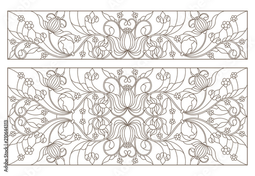 Wallpaper Mural Set contour illustrations of stained glass with abstract swirls and flowers , horizontal orientation Torontodigital.ca