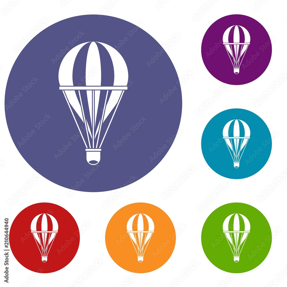 Fototapeta premium Hot air striped balloon icons set in flat circle red, blue and green color for web