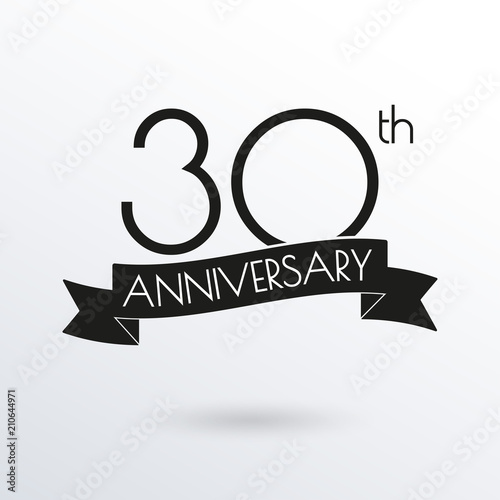 30 years anniversary logo with ribbon. 30th anniversary celebration label. Design element for birthday, invitation, wedding jubilee. Vector illustration.