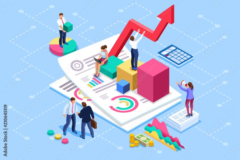 Financial administration concept. Consulting, characters at consultant meeting or auditing concept. Audit, business statement concept. Statistic plan images. Flat isometric infographics for banner. Financial administration concept. Consulting, characters at consultant meeting or auditing concept. Audit, business statement concept. Statistic plan images. Flat isometric infographics for banner.