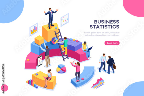 Financial administration concept. Consulting for company performance, analysis concept. Statistics and business statement. Flat isometric infographics for banner or business hero images.