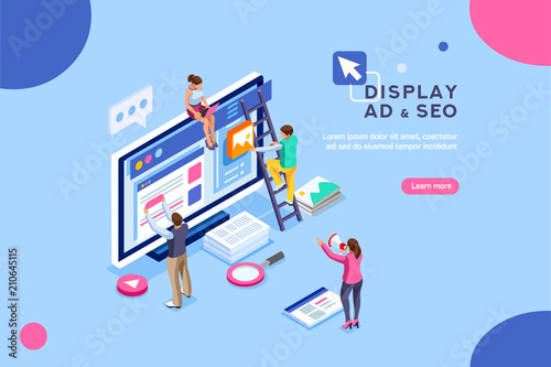Seo optimization, website pay per click concept. Development group characters, team work together on web images. People flat isometric infographics or banner. Illustration isolated on white background photo