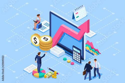 Financial administration concept. Consulting, characters at consultant meeting or auditing concept. Audit, business statement concept. Statistic plan images. Flat isometric infographics for banner.