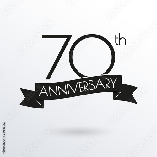 70 years anniversary logo with ribbon. 70th anniversary celebration label. Design element for birthday, invitation, wedding jubilee. Vector illustration.