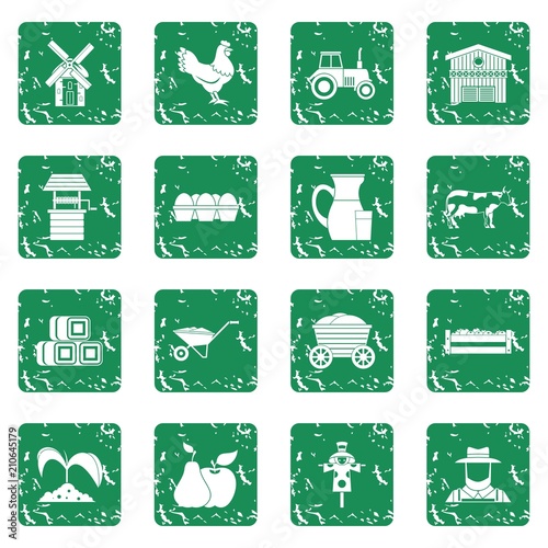 Farm icons set in grunge style green isolated vector illustration