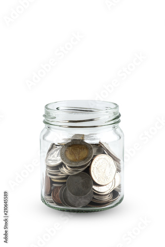 Glass jars with coins isolated on white background