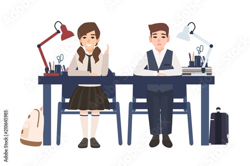 Pair of school boy and girl in uniform sitting at desk isolated on white background. Happy and unhappy pupils listen to lesson in class and prepare to answer. Flat cartoon colored vector illustration.