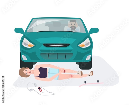 Automobile knocking down girl on skateboard. Traffic collision with skateboar...