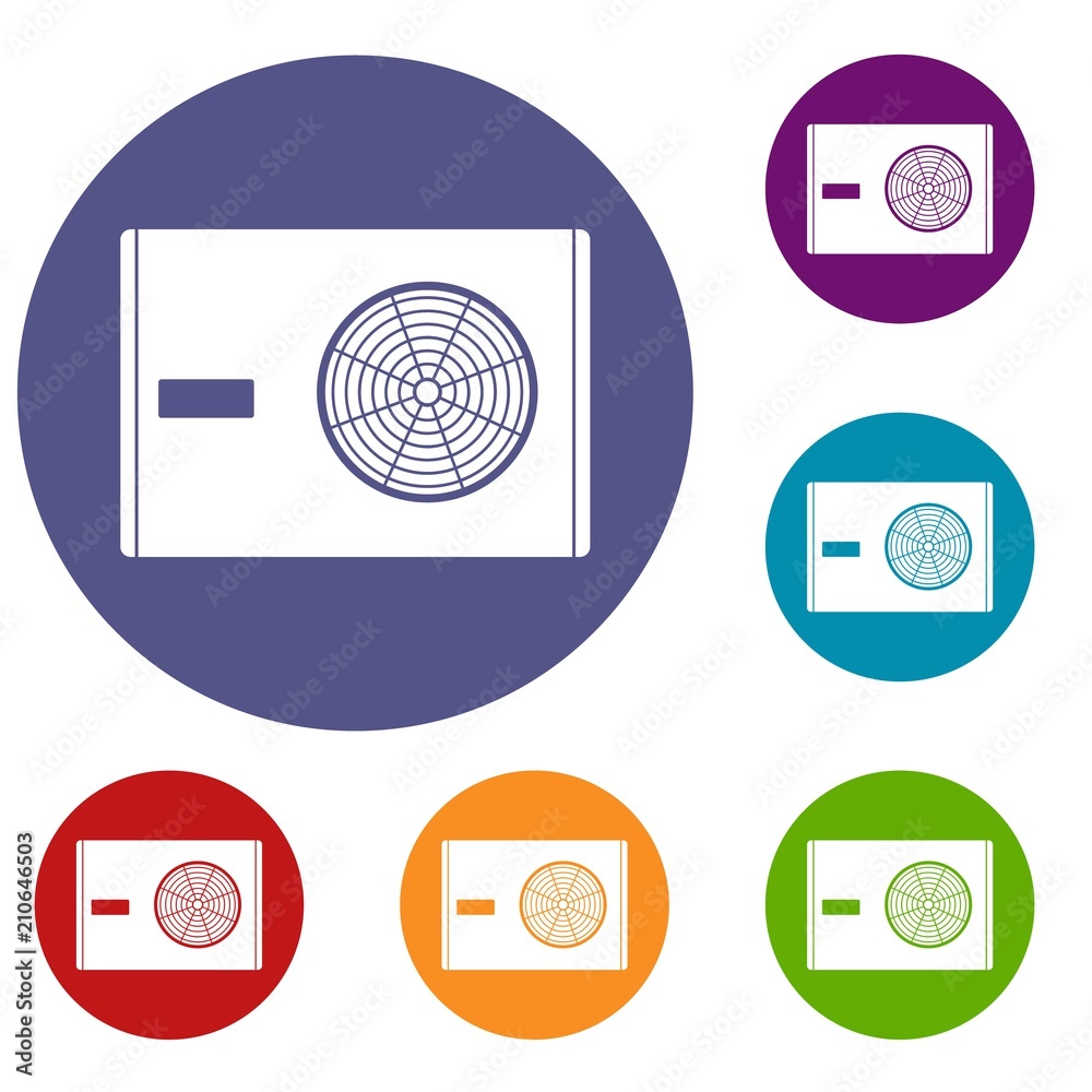 Outdoor compressor of air conditioner icons set in flat circle red, blue and green color for web Outdoor compressor of air conditioner icons set in flat circle red, blue and green color for web