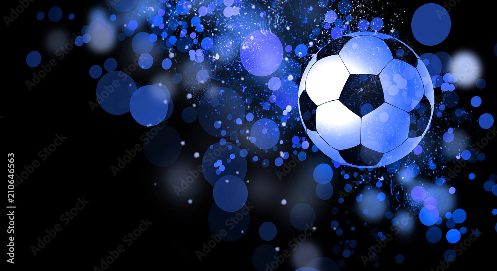 Fototapeta premium Soccer ball, on a dark bokeh background, neon light