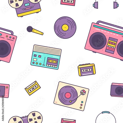 Seamless pattern with retro electronic devices on white background - analog music players, cassette recorder, boombox, turntable. Flat cartoon vector illustration for wrapping paper, textile print.