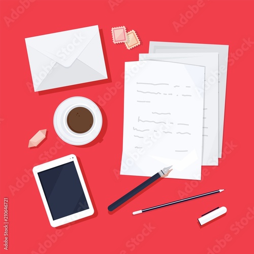 Paper pages with written text, envelope, postage stamps, fountain pen, pencil, smartphone, cup of coffee and sweet on desk surface, top view. Letter writing and sending. Flat vector illustration.