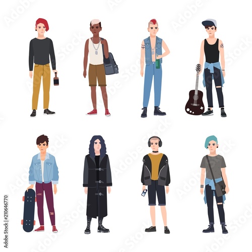 Collection of teenage boys, fans of various youth subcultures or countercultures - punk, rock, hip hop, skateboard, goth. Set of teenagers dressed in modern clothes. Flat cartoon vector illustration.