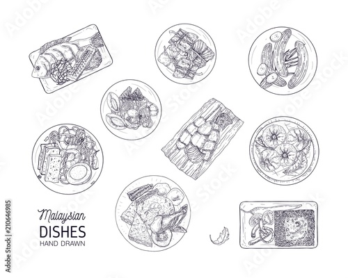 Bundle of tasty meals of Malaysian cuisine. Set of delicious spicy Asian restaurant dishes lying on plates hand drawn with contour lines on white background. Monochrome realistic vector illustration. photo