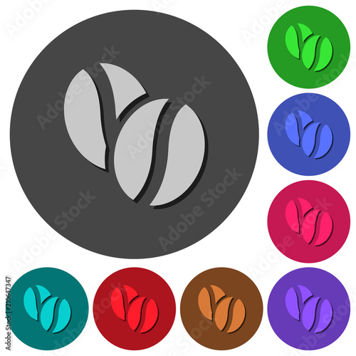 Coffe beans icons with shadows on round backgrounds