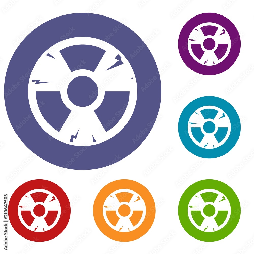 Radiation sign icons set in flat circle red, blue and green color for web Radiation sign icons set in flat circle red, blue and green color for web