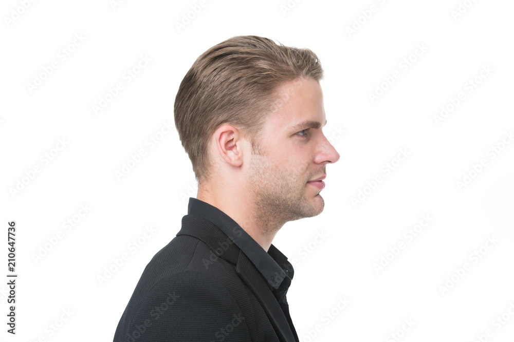 Man formal suit businessman, side view. Business dress code. Business casual. Casual look made for professional environment. More comfortable supposed to illustrate high level of professionalism Man formal suit businessman, side view. Business dress code. Business casual. Casual look made for professional environment. More comfortable supposed to illustrate high level of professionalism