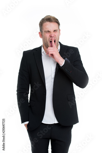 Man bored yawning white background. Fed up with this. Man dislike boring formal rules at workplace. Guy wears boring formal suit according to business dress code. Secret gesture. Do not tell someone