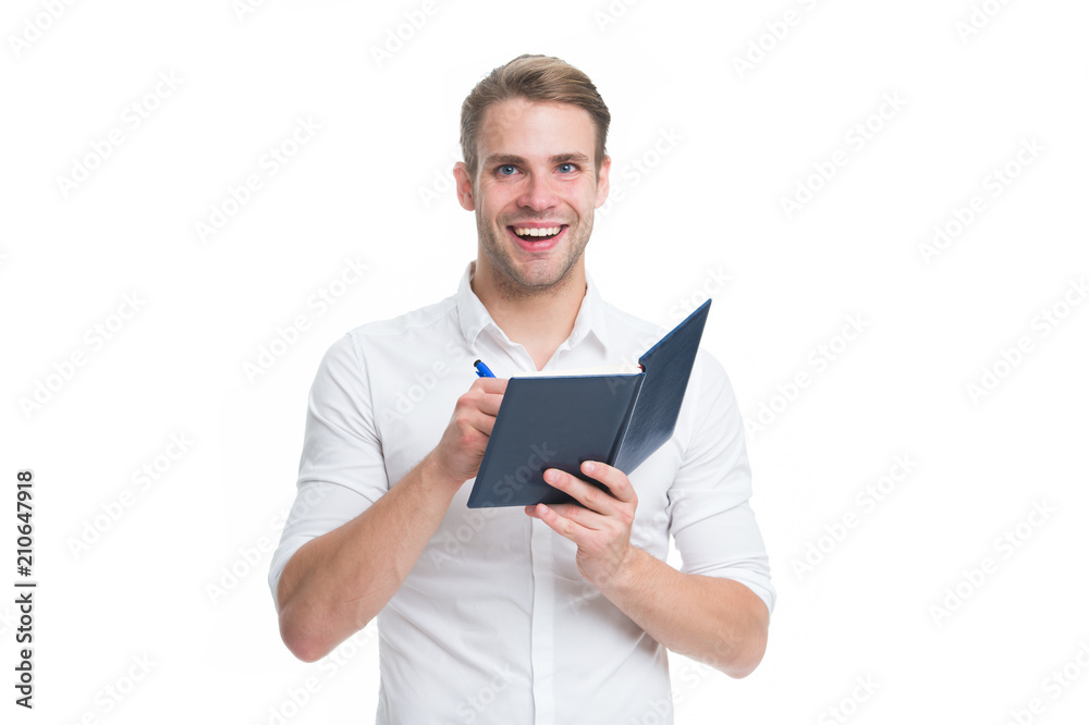 Create daily plan. Man office worker or manager cares about time management. Worker planning daily business schedule. Guy with notepad and pen noticing. Plan your day before it unfolds Create daily plan. Man office worker or manager cares about time management. Worker planning daily business schedule. Guy with notepad and pen noticing. Plan your day before it unfolds