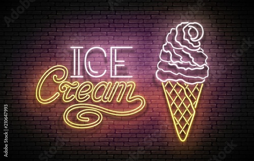 Vintage Glow Poster with Ice Cream Ball in Cone and Inscription