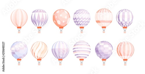 Bundle of round hot air balloons of different texture and color isolated on white background. Set of pastel colored manned flying aircrafts. Colorful vector illustration in flat cartoon style.