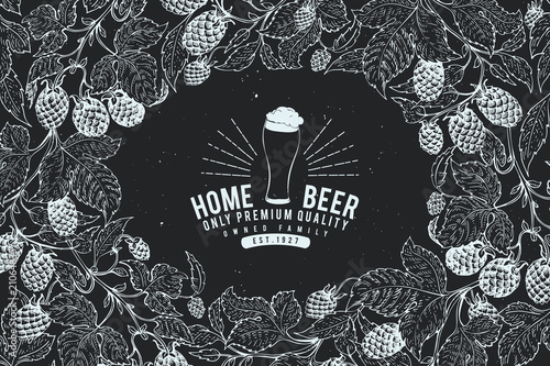 Beer hop design template. Retro beer background. Vector hand drawn hop illustration on chalk board. Vintage style frame.