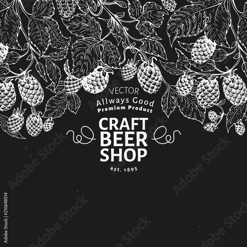 Beer hop design template. Retro beer background. Vector hand drawn hop illustration on chalk board. Vintage style banner.