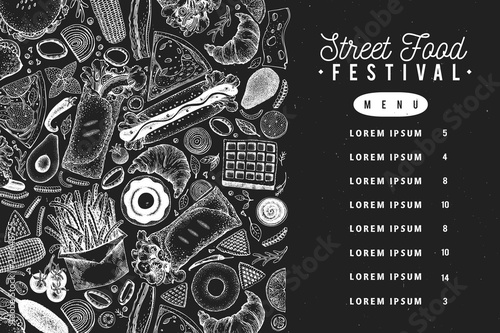 Fast food vector banner on chalk board. Street food menu design template. Can be use for fast food restaurant or cafe menu or packaging design. Hand drawn illustration.