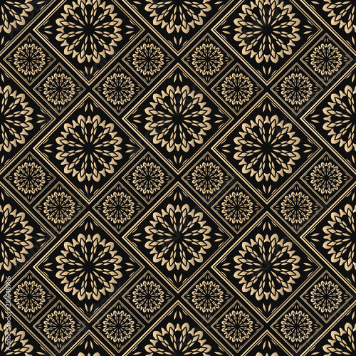 Seamless pattern oriental ornament. Black and golden textile print. Islamic vector design. Floral tiles.