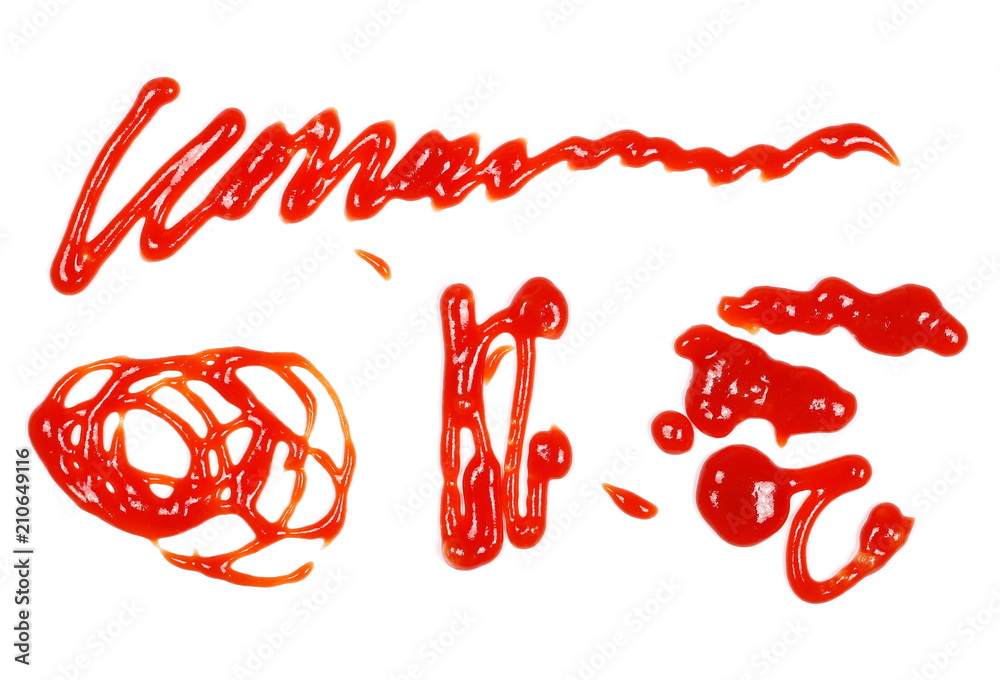 Red ketchup spreading, splashes, stains set isolated on white background, tomato pure texture, top view Red ketchup spreading, splashes, stains set isolated on white background, tomato pure texture, top view