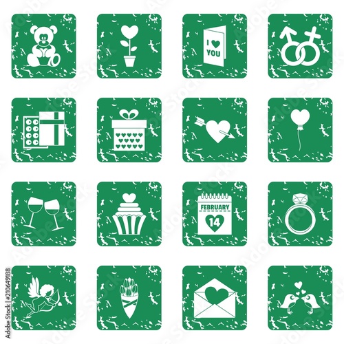 Saint Valentine icoins set in grunge style green isolated vector illustration