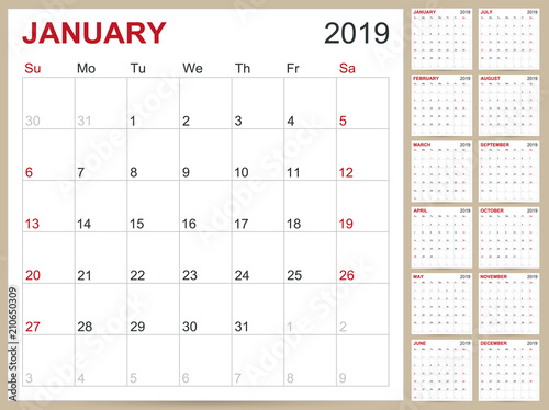 English Calendar 2019 / English planning calendar 2019, Enlgish calendar template for year 2019, set of 12 months, week starts on Sunday, printable calendar templates vector illustration