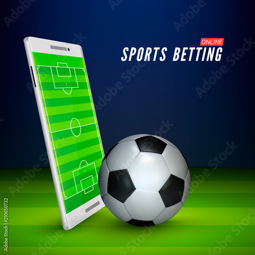 Football field on screen of smart phone and ball on soccer stadium. Soccer online concept. Sports betting online banner. Vector illustration