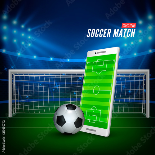 Sports betting online. Bets web banner concept. Soccer stadium background and smartphone with football field on screen and ball. Vector illustration