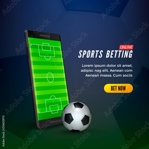 Sports betting online web banner concept. Mobile phone with socer field on screen and ball. Vector illustration