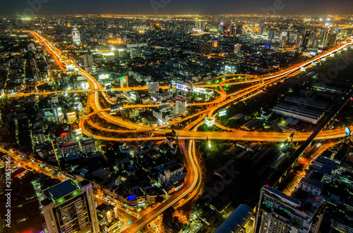 Photo  at night on Baiyoke Tower 2 is a beautiful Aerial view highway interchanged night view ,long exposure of Bangkok.