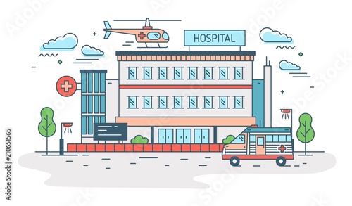 Fototapeta Naklejka Na Ścianę i Meble -  Hospital, clinic or medical center building with helicopter landing on top of it and ambulance. Health care institution providing treatment. Colorful vector illustration in modern line art style.