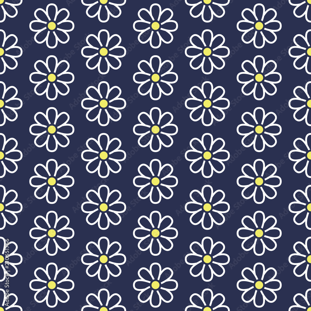 Floral seamless pattern with flat line icons of daisy chains. Flower background beautiful garden chamomile plant. Blue white color texture for kids fabric.