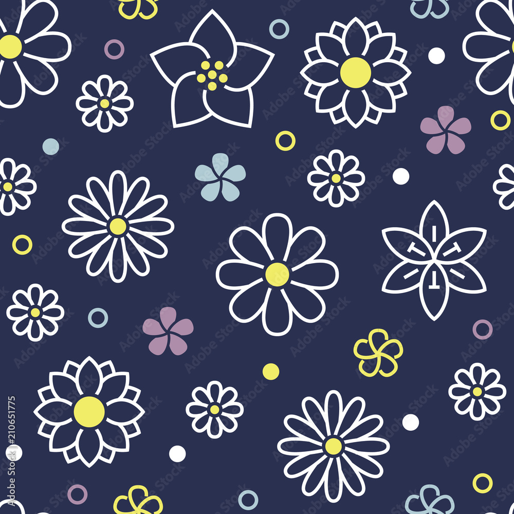 Floral seamless pattern with flat line icons of spring flowers. Flower background beautiful garden - daisy, chamomile, sunflower, daffodil, violet plant. Blue white color texture for kids fabric. Floral seamless pattern with flat line icons of spring flowers. Flower background beautiful garden - daisy, chamomile, sunflower, daffodil, violet plant. Blue white color texture for kids fabric.