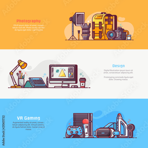 Digital media professions icons and advertising banners. Digital careers concepts with equipment for photography, graphic design and virtual reality prototyping.